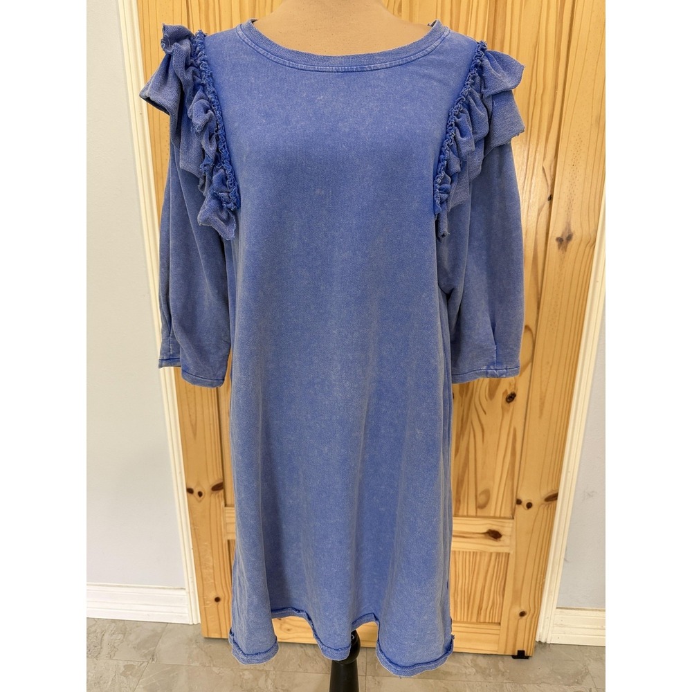 Umgee Dress Womens M Blue Ruffle 3/4 Sleeve T-Shirt Knee Length Casual Soft